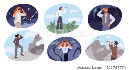 People looking into distance scenes. Search goal. Look into future. Men and women with telescopes. Nature exploration. Persons stares into distance with binoculars. Garish vector set 122767774