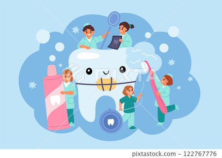 Tiny dentists treat big tooth. Small kids doctors. Children take oral care. Hygiene education. Girls cleaning molar with paste and brush. Boys use floss for braces. Garish vector concept 122767776