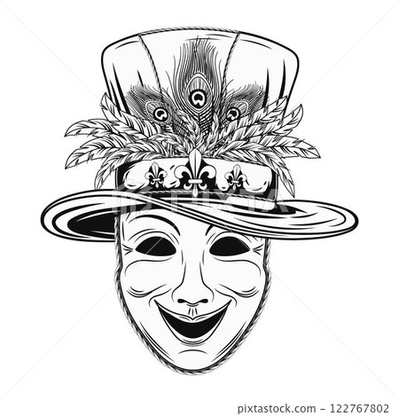 Theatrical comedy face mask with tall cylinder hat with bunch of feathers. Mardi Gras themed black and white illustration in vintage style. 122767802
