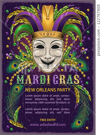 Mardi Gras carnival poster with comedy theatrical mask in jester hat, scattered beads, feathers, glossy text. A4 template with copy space for party, events in vintage style. 122767808