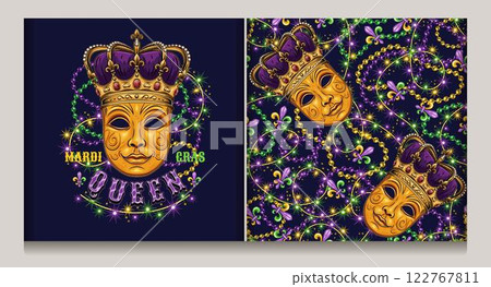 Mardi Gras Queen label, seamless pattern with carnival golden venetian face mask in imperial crown, intertwined strings of beads, lights sparkles garland, text. Carnival decoration. 122767811