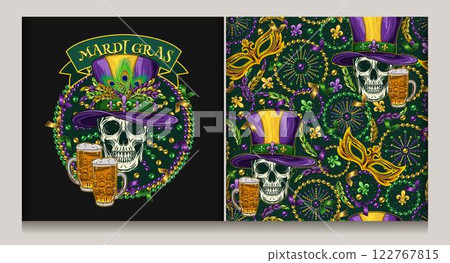 Mardi Gras beaded circular label with skull in top hat, beer, flying confetti, text in ribbon. Seamless pattern with skull, scattered fleur de lis, strings of beads, confetti. Vintage style Mardi Gras beaded circular label with skull in top hat, beer, flying confetti, text in ribbon. Seamless pattern with skull, scattered fleur de lis, strings of beads, confetti. Vintage style 122767815