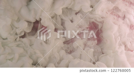 Water explosion. Smoke mix. Defocused white color glowing splash paint ink texture haze on pink shimmering abstract art light background. 122768005