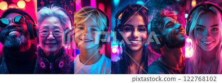 A collage of smiling people of different races and ages, wearing headphones, enjoying music or audiobooks, learning and having fun against a neon-lit background, banner 122768102