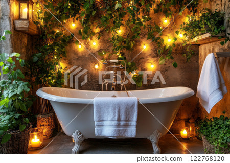 Classic clawfoot bathtub filled with bubbles and scattered petals, surrounded by candlelight, creating an elegant and enchanting scene 122768120