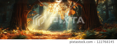 A majestic redwood forest in Northern California, where towering ancient trees reach into the sky, bathed in soft sunlight and surrounded by a mystical mist, creating a peaceful atmosphere , banner 122768145