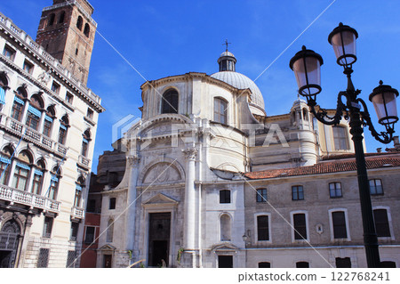 Historical church San Geremia and square in center of Venice, Italy. Touristic and religious center in old city center. 122768241