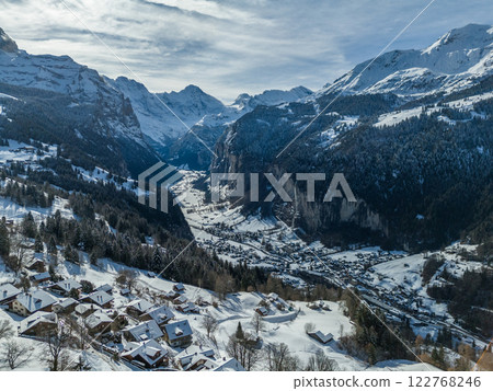 Lauterbrunnen Valley and Snowy Mountains in Winter. Switzerland. Aerial View Lauterbrunnen Valley and Snowy Mountains in Winter. Switzerland. Aerial View 122768246