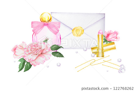 A romantic watercolor composition with perfume bottle, pink roses, lipstick and love letter. A perfect element for wedding invitations, branding, beauty packaging, greeting cards and romantic projects 122768262