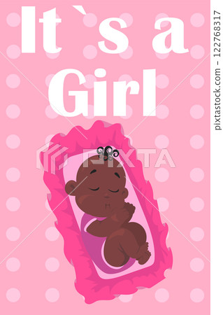 Baby shower poster. Birthday party. Cute toddler. Newborn kid sleeping in cradle. Infant girl. Anniversary event. Children birth celebration. Gender announce. Vector pink greeting card Baby shower poster. Birthday party. Cute toddler. Newborn kid sleeping in cradle. Infant girl. Anniversary event. Children birth celebration. Gender announce. Vector pink greeting card 122768317