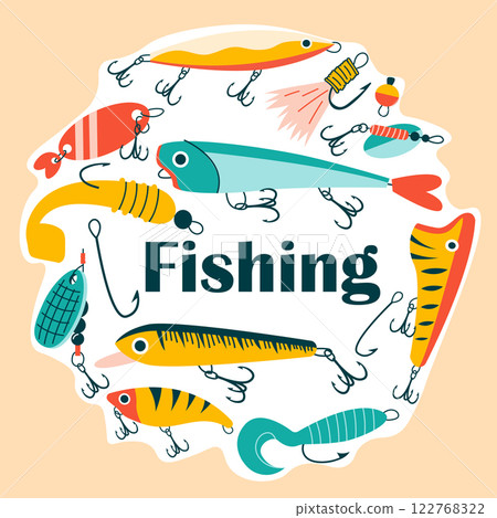 Fishing emblem. Different colorful fishes with hooks needles in round form, fisher accessories and tools, fishermen equipment. Logo and label for shop. Vector cartoon flat isolated illustration Fishing emblem. Different colorful fishes with hooks needles in round form, fisher accessories and tools, fishermen equipment. Logo and label for shop. Vector cartoon flat isolated illustration 122768322