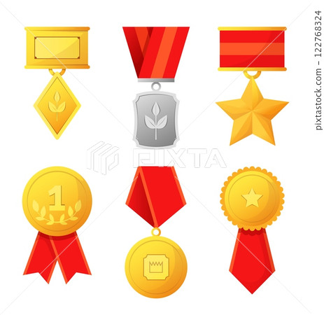 Winner medal. Quality guarantee sign collection. Business and sport first place reward. Badge design. Achievement goals victory symbol. Vector cartoon flat isolated leadership illustration 122768324