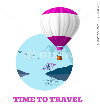 Hot air balloon. Time to travel. Nature landscape. Rocky valley. Mountain scenery. Scenic lake. Aerial transportation. Sky vehicle. Ballooning flight. Summer tourism. Journey vector banner Hot air balloon. Time to travel. Nature landscape. Rocky valley. Mountain scenery. Scenic lake. Aerial transportation. Sky vehicle. Ballooning flight. Summer tourism. Journey vector banner 122768325