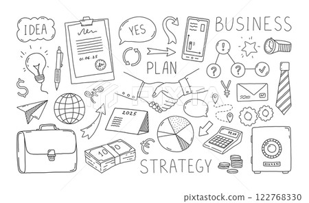 Dodole business icons. Money sketch drawing. Project strategy. Partners deal handshake. Pen graph market or economy chart. Idea time. Businessman briefcase. Vector outline symbols set 122768330