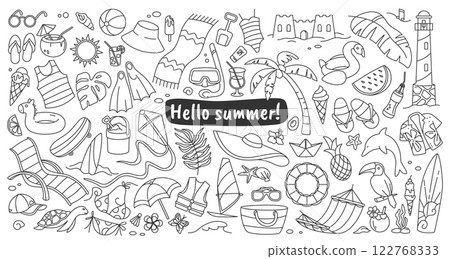 Summer elements. Beach icons. Sea vacation line drawings. Sunny holiday. Fruit sketch. Cute fun travel. Tropical palm. Summertime journey. Bikini and sunglasses. Vector outline background 122768333