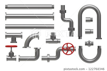 3D pipe. Metal water pipeline. Stainless steel plumb. Silver bend or straight sewerage parts. Oil tube. Gas faucet. Bathroom plumbing industry. Vector drainage iron constructions set 3D pipe. Metal water pipeline. Stainless steel plumb. Silver bend or straight sewerage parts. Oil tube. Gas faucet. Bathroom plumbing industry. Vector drainage iron constructions set 122768346