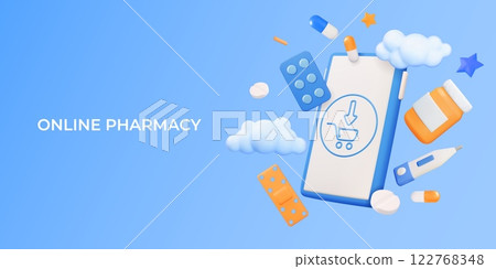3D pharmacy. Medicine smartphone application. Pharmacist in phone. Health care meds. Medical pills and bottle spray. Drugstore order. Online store. Pharmaceutical app. Vector background 3D pharmacy. Medicine smartphone application. Pharmacist in phone. Health care meds. Medical pills and bottle spray. Drugstore order. Online store. Pharmaceutical app. Vector background 122768348