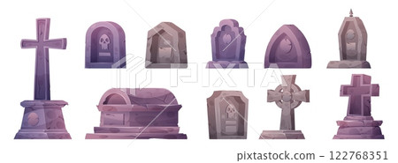 Grave tombstone. Cemetery gravestone. Gothic graveyard. Spooky obelisk. RIP headstone. Celtic cross, tomb and epitaph. Granite mausoleum. Halloween horror. Vector funeral monuments set 122768351