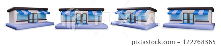 3d store. Isometric shop building. Market or supermarket realistic render. Mini business on street front. Boutique storefront with awning. Cafe facade. Retail showcase. Vector icons set 122768365