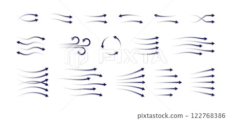 Air arrow. Wind flow. Blue wave effect or cold water light suction. Fan system. Blowing direction. Clean stream. Conditioner breeze graphic icons. Airflow circulation. Vector symbols set 122768386