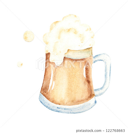 Mug of light Beer with Lush flowing foam, bubble froth. Glass of Alcoholic drink hand drawn illustration isolated on a white background. For holidays, Oktoberfest or St. Patrick's Day designs. 122768663