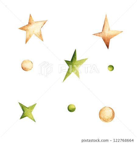 Golden and Green Stars and Circles or Baubles Set, Colorful Confetti. Abstract Watercolor celestial design elements isolated on a white background. Ideal for festive, St. Patrick day or magical-themed 122768664
