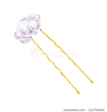 Elegant gold hairpin with delicate pearls, hand-painted in watercolor. A luxurious accessory for bridal hairstyles, wedding styling, fashion design, beauty branding, jewelry packaging, decorative art 122768669