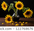Vibrant sunflowers in a vase with scattered petals on a wooden table. Generated AI. 122768676