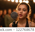 A young female singer performing on stage with a vintage microphone. Generation AI. 122768678