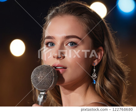 Young female singer with microphone and blue lighting on stage. Generated AI. 122768680