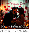 Romantic Valentine's Day Celebration with Couple and Festive Decorations. Generated AI. 122768685