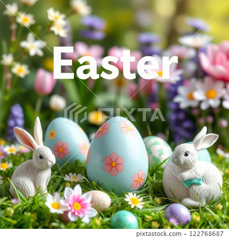 Festive Easter Scene with Decorated Eggs and Bunnies. Generated AI. 122768687