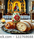 Easter Celebration with Traditional Bread and Decorated Egg. Generated AI. 122768688