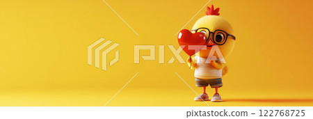 This adorable baby chicken with a red balloon captures a joyful, happy mood, perfect for a children story, set against a soft pastel-toned background, banner This adorable baby chicken with a red balloon captures a joyful, happy mood, perfect for a children story, set against a soft pastel-toned background, banner 122768725