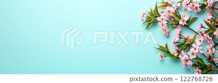 The lush cherry blossom branch enhances the soft pastel background, symbolizing the elegance and purity of spring in a calm, peaceful setting, banner The lush cherry blossom branch enhances the soft pastel background, symbolizing the elegance and purity of spring in a calm, peaceful setting, banner 122768726