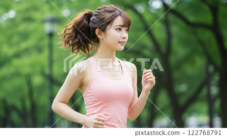 一名女子在樹林間灑下的陽光下愉快地奔跑 一名女子在樹林間灑下的陽光下愉快地奔跑 122768791