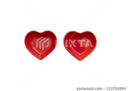 Two red heart shaped plates isolated on transparent or white background 122768804