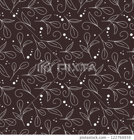 Elegant Seamless Floral Line Pattern on Chocolate Brown Background for Textile and Wallpaper Design 122768938