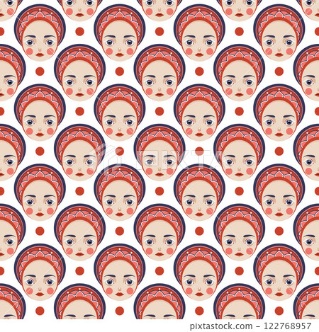 Beautiful Doll Face Close Up pattern. Matryoshka Doll with Open Eyes and white lashes. Pretty Eyes, Lush Eyelashes and Red lips. Female face. Vector. Beautiful Doll Face Close Up pattern. Matryoshka Doll with Open Eyes and white lashes. Pretty Eyes, Lush Eyelashes and Red lips. Female face. Vector. 122768957