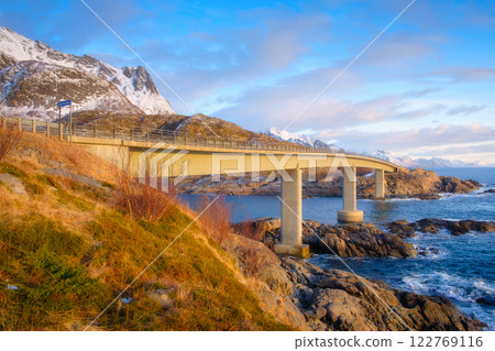 Norway. Travel in the North. Bridge for cars between the islands. Nature in fjords. 122769116