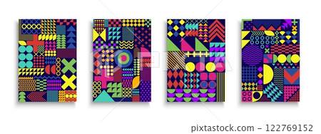 Collection of vector colorful posters with abstract geometric shapes and symbols. Art creative covers fashion style - retro design 80s-90s. Bright trendy placards, brochures, banners,backgrounds Collection of vector colorful posters with abstract geometric shapes and symbols. Art creative covers fashion style - retro design 80s-90s. Bright trendy placards, brochures, banners,backgrounds 122769152