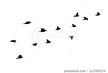 Flying birds silhouette flock. hand drawing. Not AI. Vector illustration 122769154