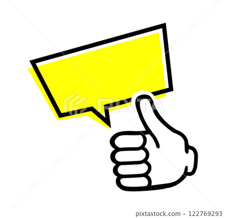 Speech bubble. Up hand white. Gesture. yellow bubble. 122769293