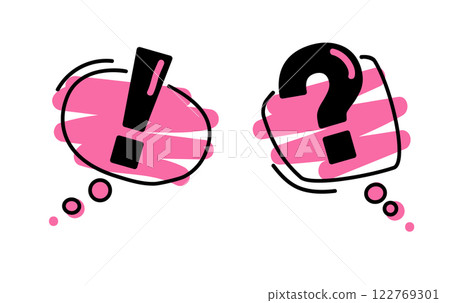 Exclamation mark icon in red speech bubble. Linear question mark. with black line, doodle style. Exclamation mark icon in red speech bubble. Linear question mark. with black line, doodle style. 122769301