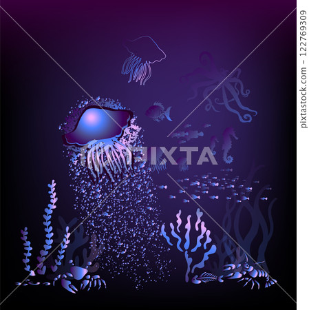 Seabed with fish and jellyfish. hand drawn. Not AI, Vector illustration 122769309