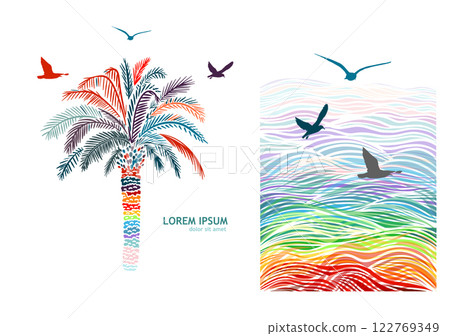 Graphic colored palm tree with seagulls. hand drawn. Not AI, Vector illustration 122769349