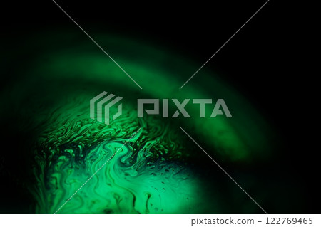 Reflections of liquid in macro, green liquid surface, bubbles in macro, connection of bubbles in macro, cell from liquid, dark background, glossy light 122769465