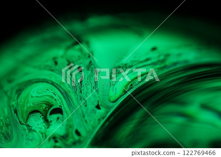 Reflections of liquid in macro, green liquid surface, bubbles in macro, connection of bubbles in macro, cell from liquid, dark background, glossy light Reflections of liquid in macro, green liquid surface, bubbles in macro, connection of bubbles in macro, cell from liquid, dark background, glossy light 122769466