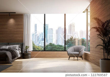 Modern contemporary bedroom with city view 3d render 122769587