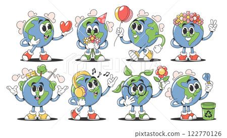 Cute Earth planet cartoon characters kawaii emoji sticker for world environment day celebration Cute Earth planet cartoon characters kawaii emoji sticker for world environment day celebration 122770126